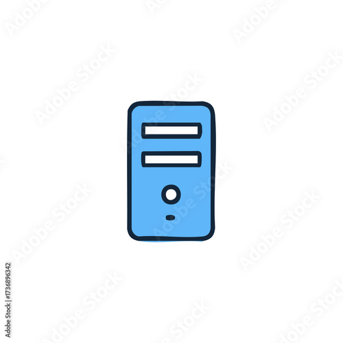 Light-blue desktop computer tower with a black outline