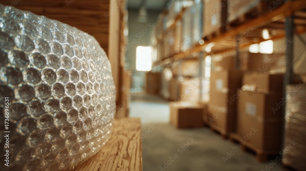 Obraz premium Ecofriendly bubble wrap in focus made from recycled plastic protecting fragile items with the rest of the storage room softly blurred illustrating sustainable cushioning