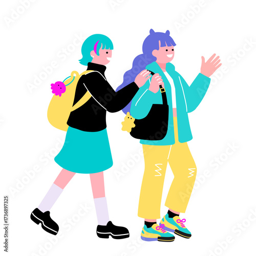 2025_0343_0352ポップでカラフルなZ世代の若者　歩く二人の女性のイラスト