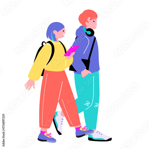 ポップでカラフルなZ世代の若者　歩くカップルのイラスト