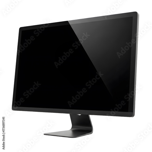 A modern, sleek computer monitor with a blank black screen is displayed on a white background, angled to the left.
