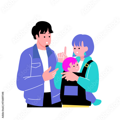 ポップでカラフルな親子のイラスト　話し合う家族