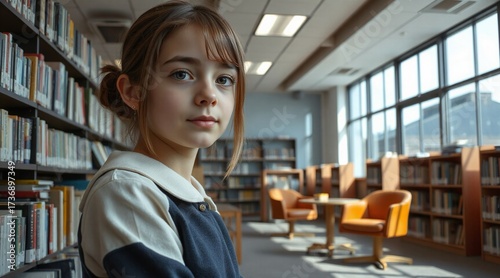 Girl with calm expression sitting in library surrounded by books and cozy chairs
