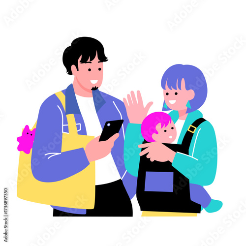 ポップでカラフルな親子のイラスト　スマホを持つ父親と笑顔の母親　