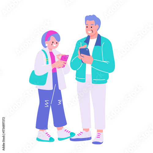 ポップでカラフルなシニア世代の男女　スマホを持つ夫婦