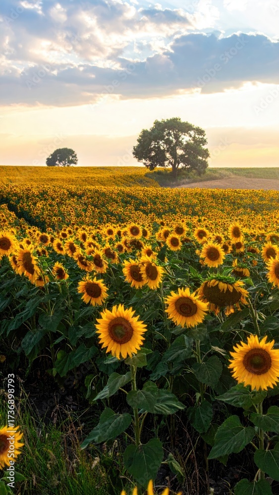 Obraz premium Sunflower Field at Sunset with Glowing Sun Warm Light and Dramatic Sky in Horizontal Orientation