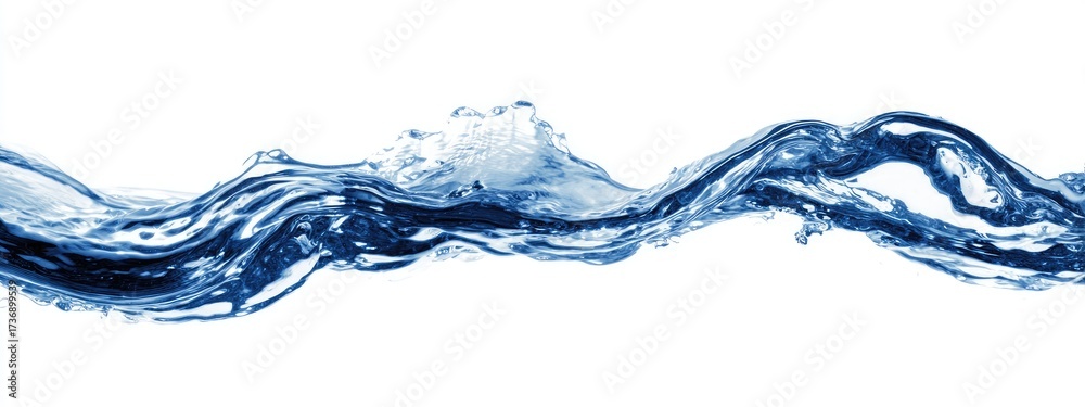 Fototapeta premium A close-up of flowing blue water with ripples, waves, and splashes, against a white backdrop