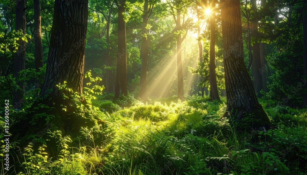 Fototapeta premium Sunlight Streaming Through a Dense Green Forest with Lush Undergrowth and Tall Trees creating a Serene and Vibrant Outdoor Scene