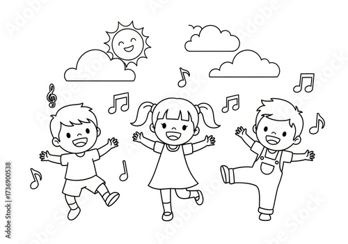 Happy Children Dancing and Singing Under the Sun Coloring Page.