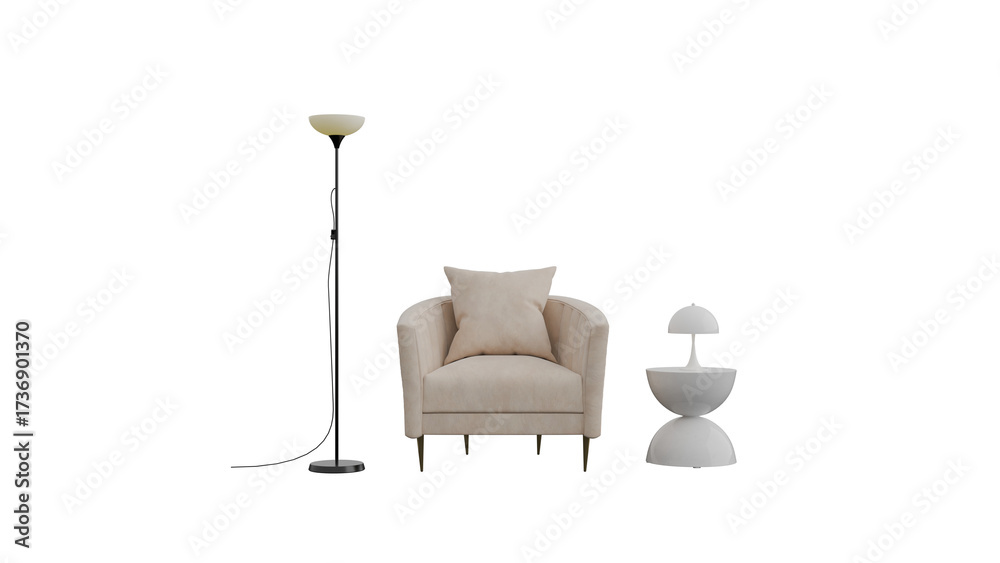 Fototapeta premium Modern home furniture set with armchair floor lamp and table lamp.