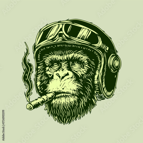 The woodcut illustration style vector gorilla wearing helm