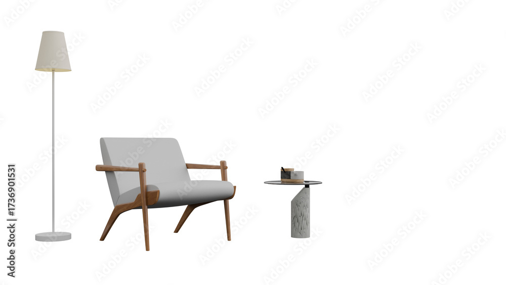 Fototapeta premium Modern living room furniture set with armchair lamp and table.
