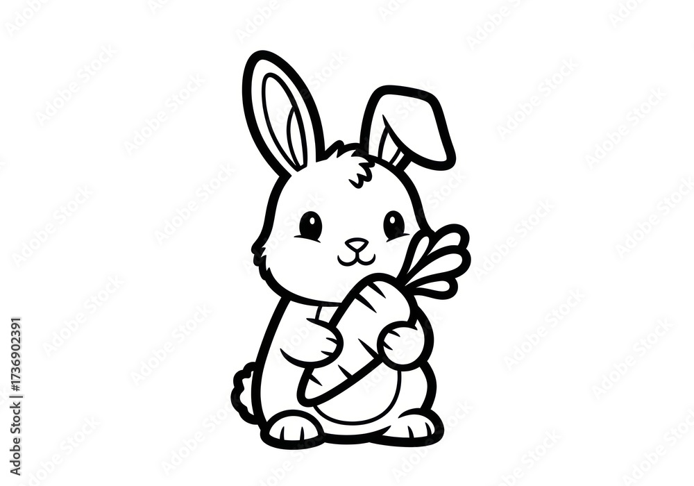 Fototapeta premium Cute Cartoon Bunny Holding a Carrot Line Art Illustration.