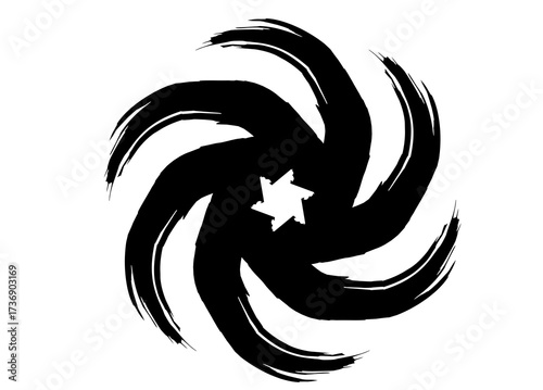 A bold, black and white vector illustration featuring a stylized, swirling design 
