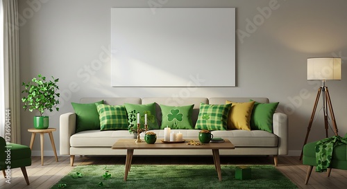 Modern living room interior with a cozy sofa decorated with green pillows for St. Patrick's Day and a blank mockup poster frame