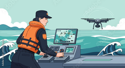 Coast guard officer operating a drone for maritime surveillance near ocean waves
