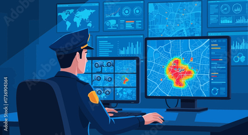 A police officer monitors security cameras and thermal maps in a control center
