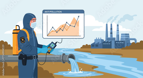 Environmental scientist examining contaminated water discharged from a factory site