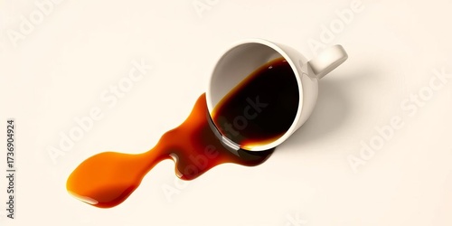 Upside-down coffee cup, dark liquid spilled on pristine white surface,  isolated,  home