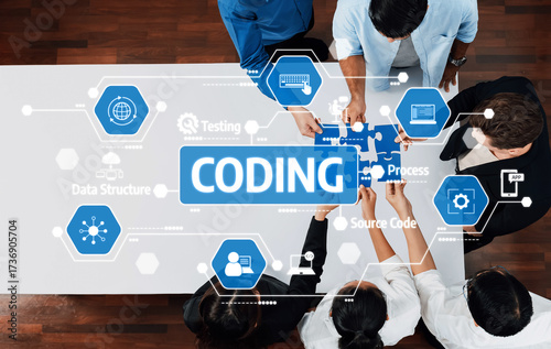 Fotografía A diverse team engages in coding and software development, surrounded by visual elements representing critical concepts of data structure, source code, and testing strategies