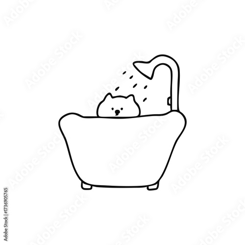 Simple black outline of a cat in a bathtub under shower