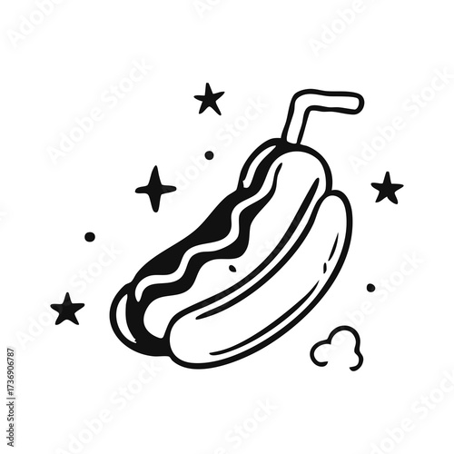 Cute cartoon hotdog with ketchup and surrounding stars