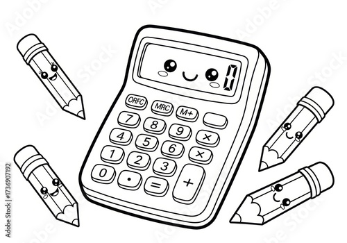 Cute Calculator and Pencils Coloring Page for Kids.