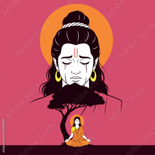 Emotional vector illustration of a tearful Lord Rama with Sita meditating beneath a tree, referencing the epic Ramayana and the devotion of the Hindu faith.