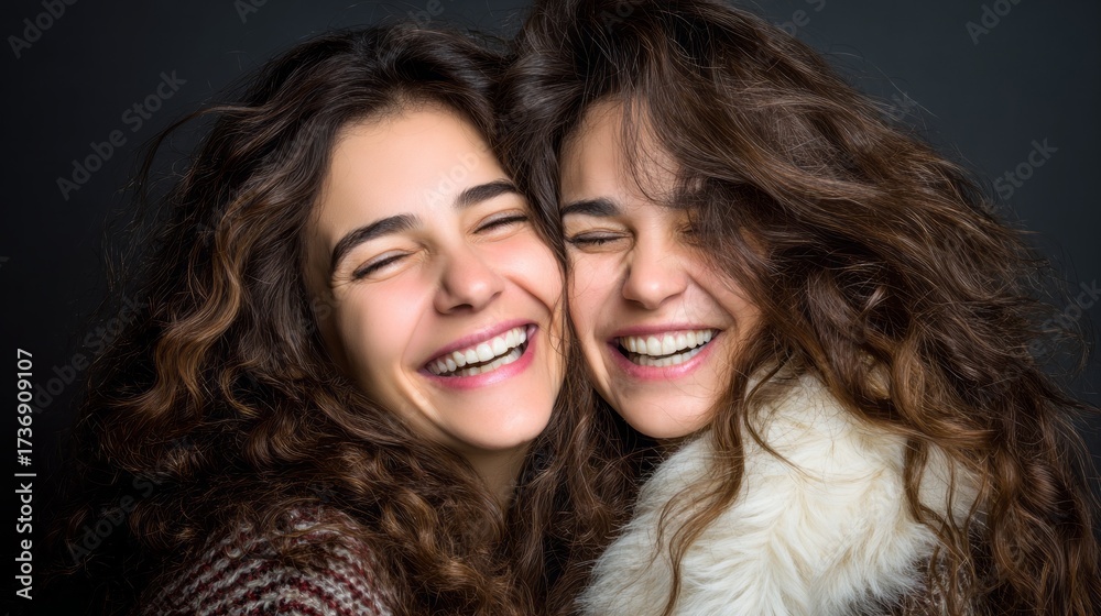 Fototapeta premium Mom and daughter share laughter in a joyful studio moment together