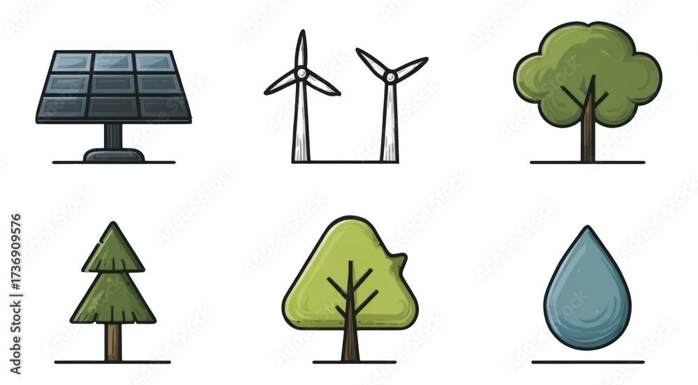 Obraz premium Eco-Friendly Icons Collection: Solar, Wind, Tree, and Water Illustrations in Style