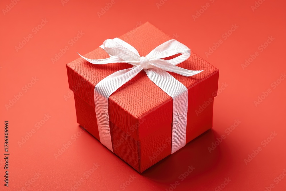 Obraz premium Red gift box tied with white ribbon, positioned center frame on a matching color background