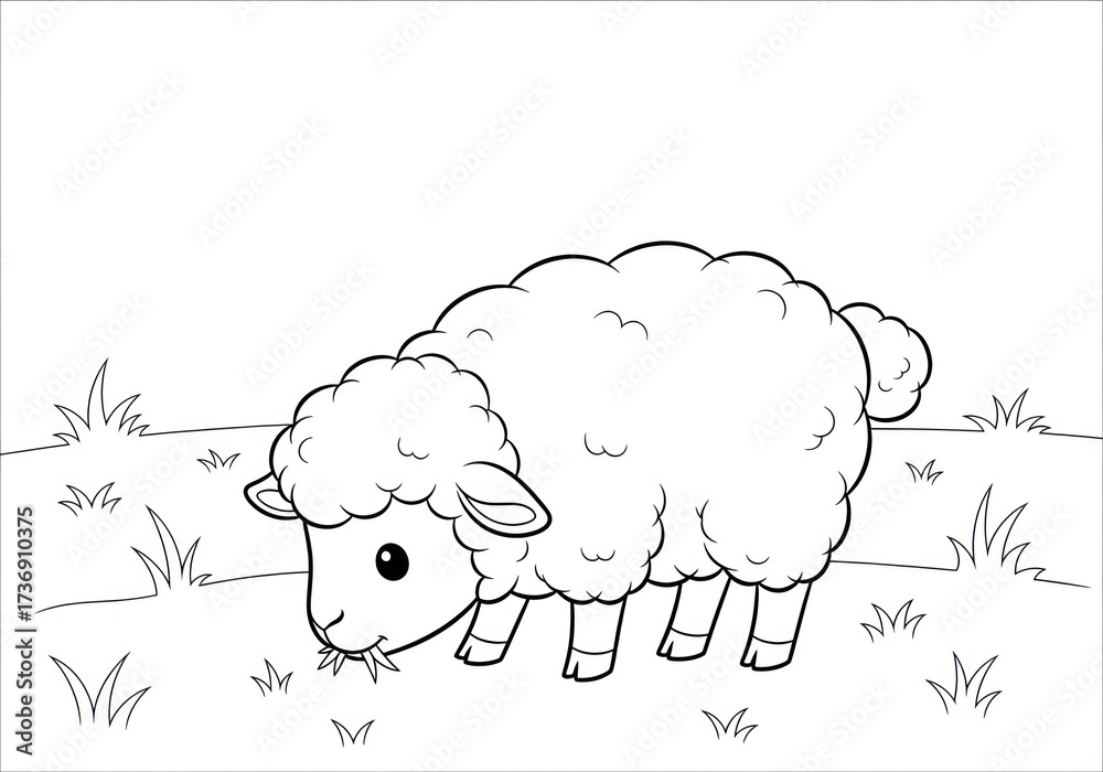 Obraz premium Cute Cartoon Sheep Grazing in a Field Coloring Page.