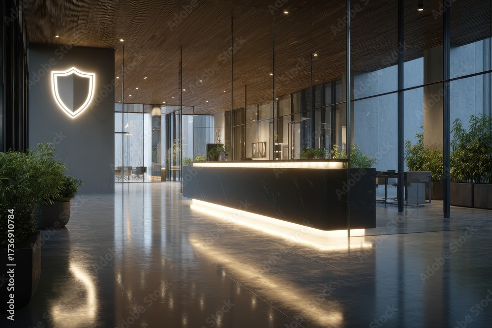 Obraz premium Modern Lobby with Illuminated Reception Desk and Shield Logo, Polished Floor Reflections.