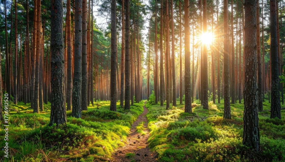 Fototapeta premium Sunlit Forest Path With Tall Trees And Green Undergrowth In Natural Daylight