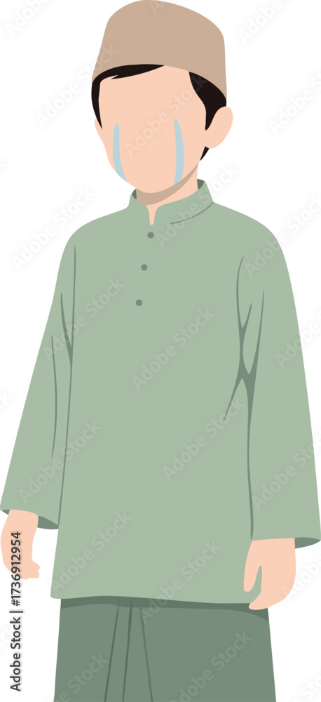 Fototapeta premium A Muslim boy in green traditional clothing and cap stands in tears, perfect for themes of emotion, empathy, or life challenges