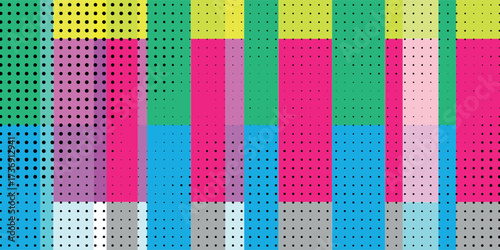 Colorful abstract geometric pattern with bold blocks, halftone dots, and vibrant contrasts, ideal for modern design, pop art, and creative digital backgrounds.