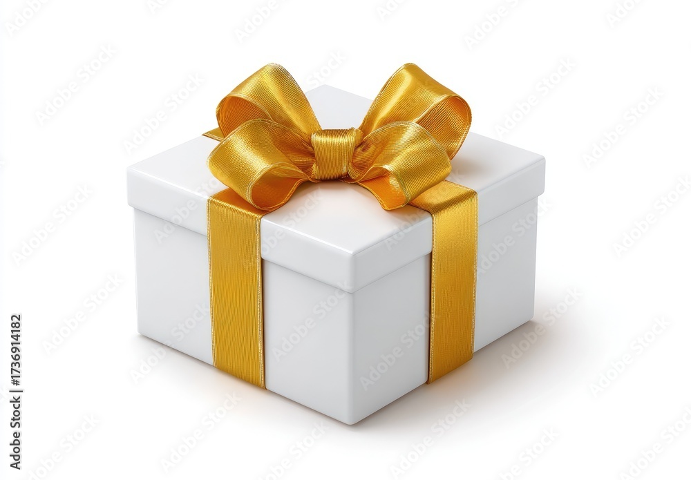 Fototapeta premium A white gift box with a gold ribbon bow