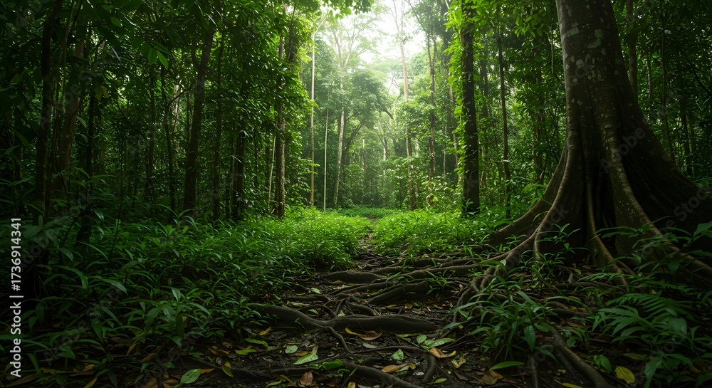 Fototapeta premium Amazonia a dense tropical rainforest with exposed tree roots and vibrant green foliage creating a lush canopy view