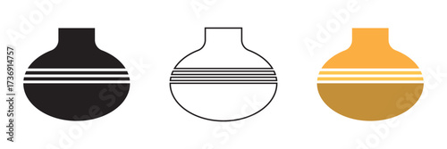 Set of decorative Flower vase icon. Collection of three stylized vase icons in different colors and outlines, useful for design, decoration, logo, or creative graphic projects.
