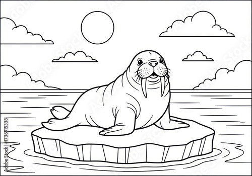 Cute Walrus Resting on an Ice Floe in the Arctic Ocean.
