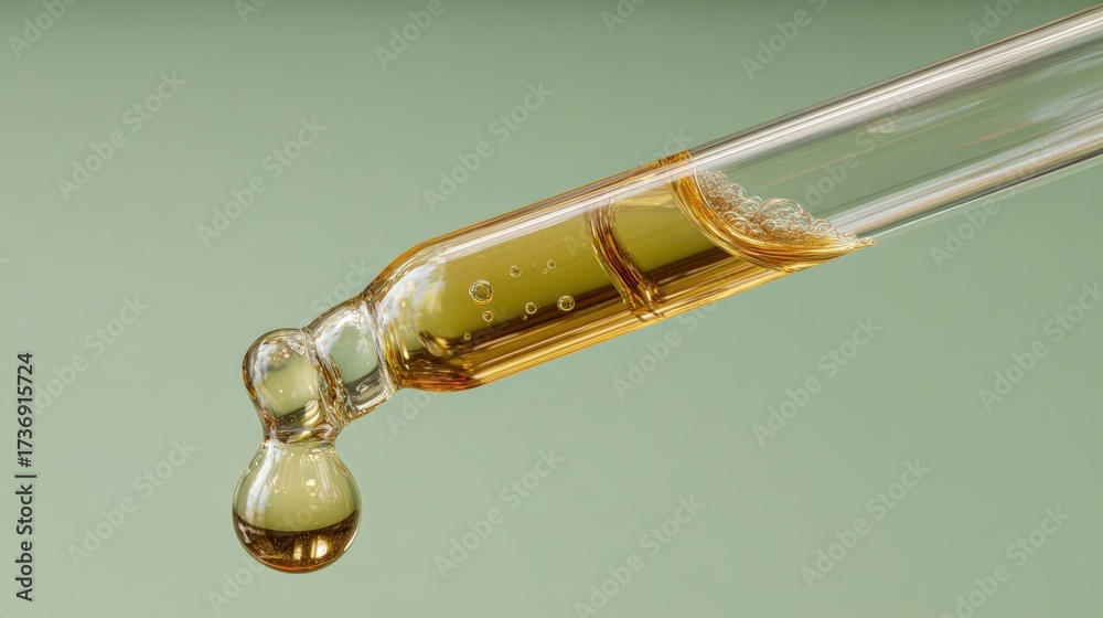 custom made wallpaper toronto digitalGolden liquid dripping from a clear glass pipette, macro shot against a green background