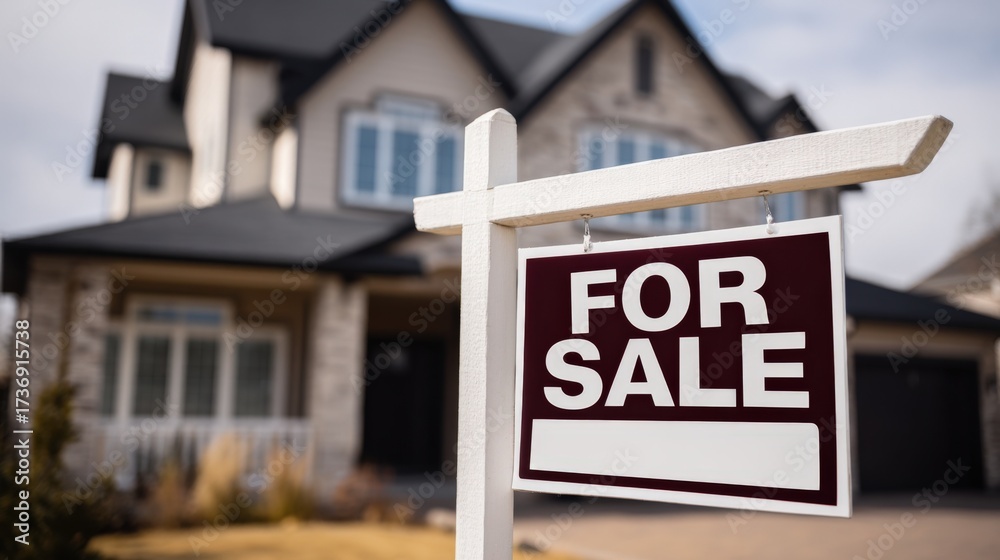 Fototapeta premium Real Estate For Sale Sign in Front of Modern Suburban Home, Illustrating Housing Market Opportunity