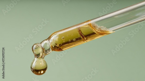 Wallpaper Mural Golden liquid dripping from a clear glass pipette, macro shot against a green background Torontodigital.ca
