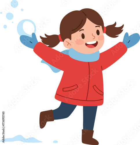 Cartoon Cheerful Girl Throwing Snowball Winter Season Outdoor Activity