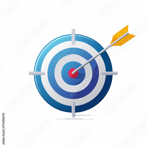 Blue and White Circular Target with Yellow Arrow Hitting Red Bullseye Centered on a White Background for Precision Accuracy and Achievement