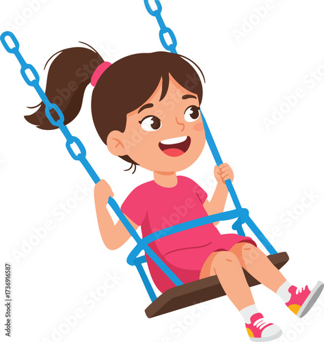 Cartoon Style Happy Girl Playing on Swing in the Playground Illustration