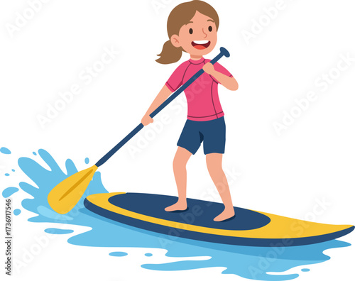 Cartoon Style Smiling Girl Paddling on Stand Up Paddle Board Illustration