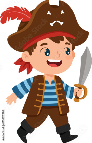 Cheerful Cartoon Young Pirate Boy With Sword Illustration Character