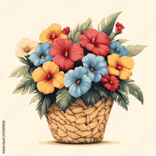 Detailed view of vibrant flowers arranged in a handcrafted rattan basket, showcasing traditional weaving techniques on a soft pastel backdrop , vector style simple color