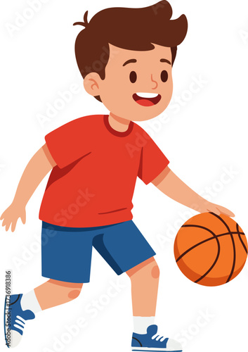 Cartoon Style Active Boy Playing Basketball Dribbling Ball Sport Illustration